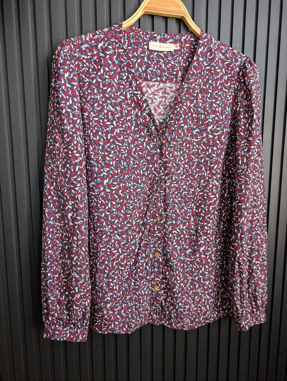 Tory Burch Burgundy Agate Confetti Printed Button Front Silk Blouse Size M
